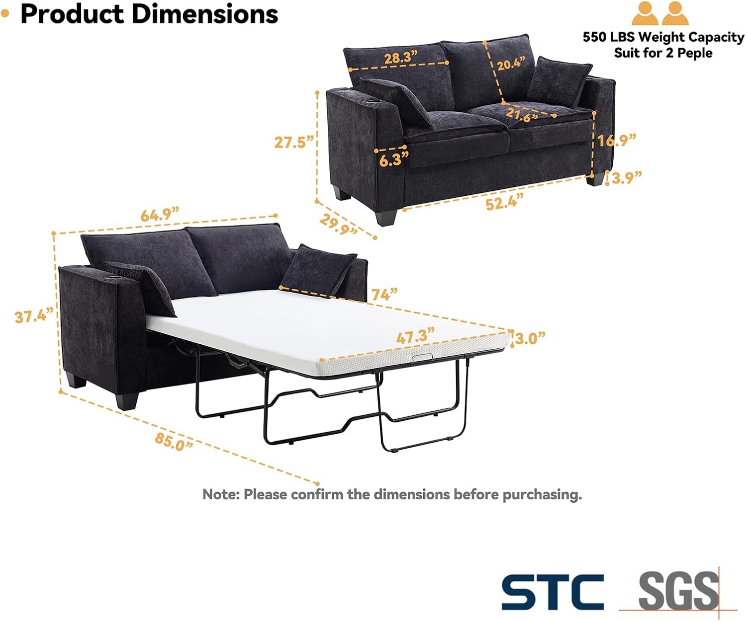 Brelice 65' Pull Out Sofa Bed, Sleeper Sofa Couch, 2-in-1 Convertible Chenille Loveseat with USB Charging Ports and Memory Foam Mattress, Full Size Pullout Bed for Living Room, Apartment or Office