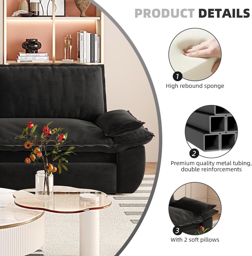 73.2' Sleeper Sofa Bed Queen, 3-in-1 Convertible Couch, Modern Pull Out Couches, Comfy Velvet Futon Sofa, Cloud Loveseat Lounge, Pillow Arm, for Small Spaces, Apartment, Living Room, Black