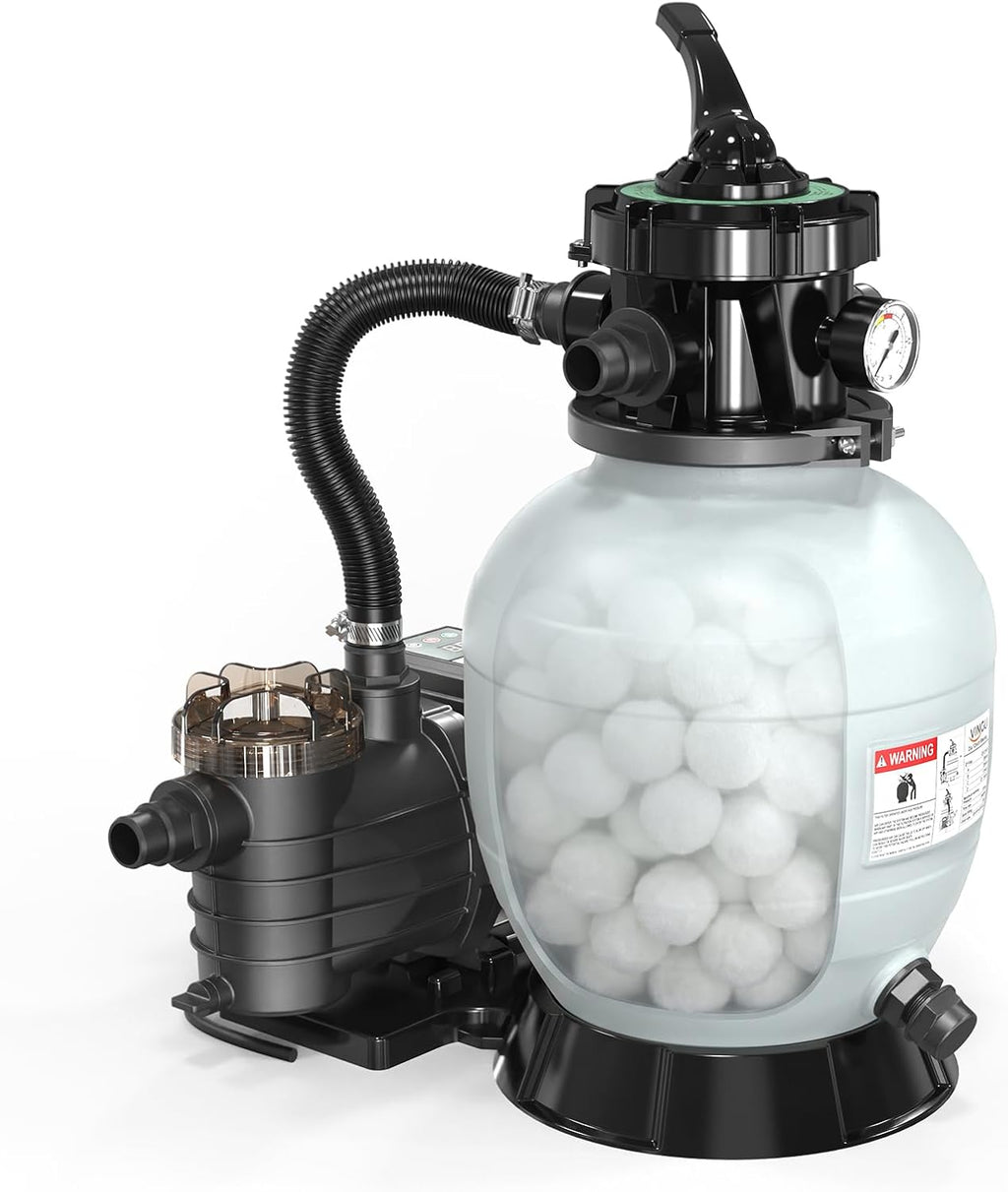 VINGLI (24H Timer) 12 in Sand Filter Pump with Filter Balls, 1585 GPH 1/2 HP High Efficiency Pool Pump with 7-Way Valve for Above Ground Swimming Pools Up to 8000 Gallons