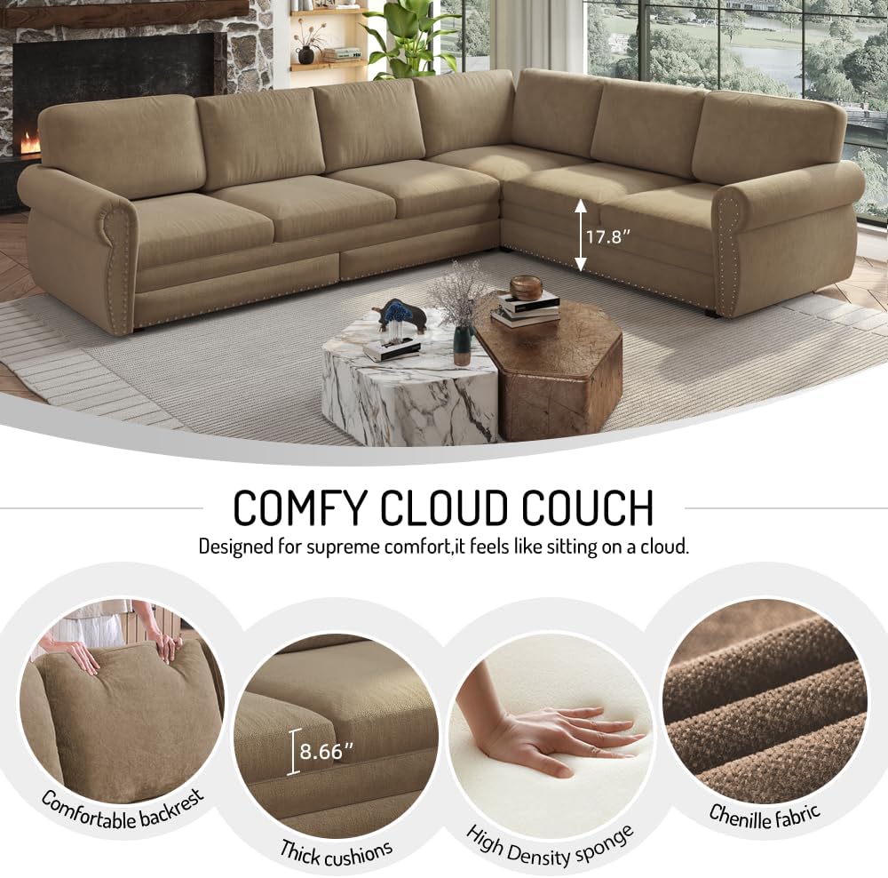 118'' Sleeper Sofa Bed, Convertible Pull Out Couch, Upholstered Sectional Sofa, Chenille L-Shaped Couch with Nailhead Trim, Modern Sectional Couches for Living Room, Apartment, Camel