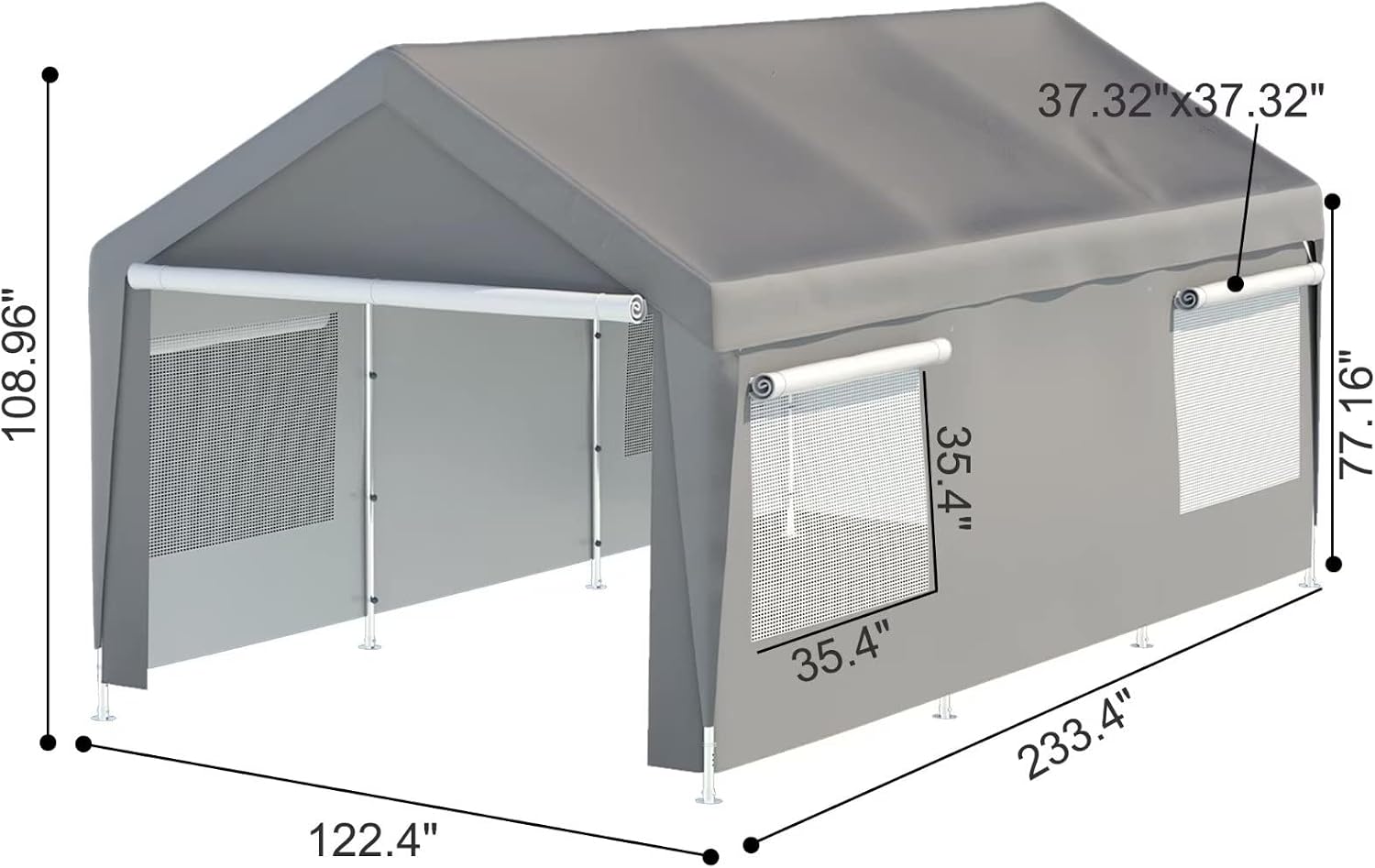 Carport 10x20ft Car Canopy with Transparent Roll-up Windows, Removable Sidewalls & Doors,Portable Garage for Car, Truck, Boat, Car Canopy, Grey