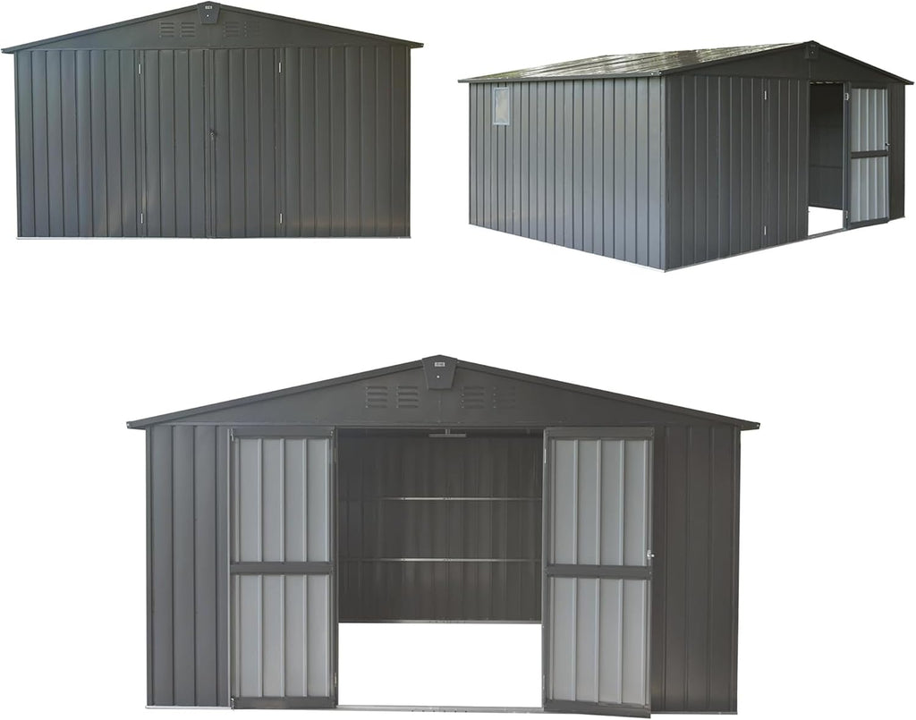 11x9FT Outdoor Storage Shed, with Sloping Roof Galvanized, Latches and Lockable Door, Steel Frame Garden Shed Metal Utility Tool Storage Room for Balcony