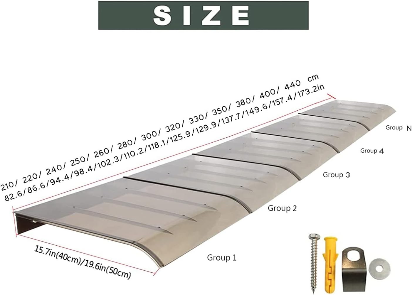 RAINCL Polycarbonate Door/Window Awning- Waterproof Door Canopy- Spliceable Rain, Snow and UV Protection Roofing Canopies，Adding Support No Bracket Hollow Sheet，48 Sizes (Color : Brown, Size : 50x14