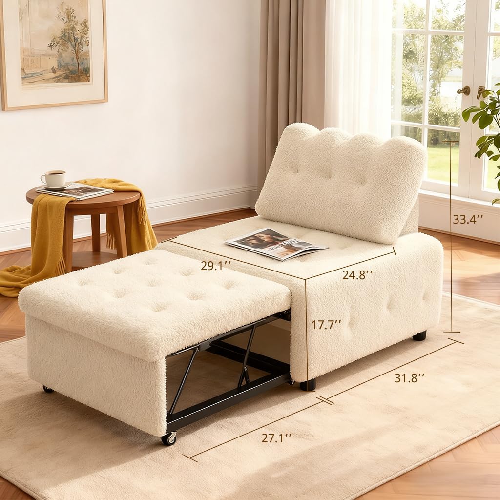 CMOHOMA Sleeper Sofa Bed,Convertible Pull Out Couch with Adjustable Backrest,Teddy Chaise Lounge Chair,Sectional Couches for Living Room,Bedroom,Apartment,Beige