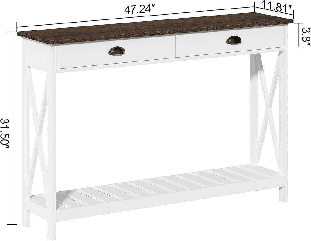 ChooChoo 47' Farmhouse Console Table with Drawer for Entryway, Narrow Long Entry Table with Shelf for Living Room, Rustic Vintage Hallway Sofa Table with Stable X Supports, White