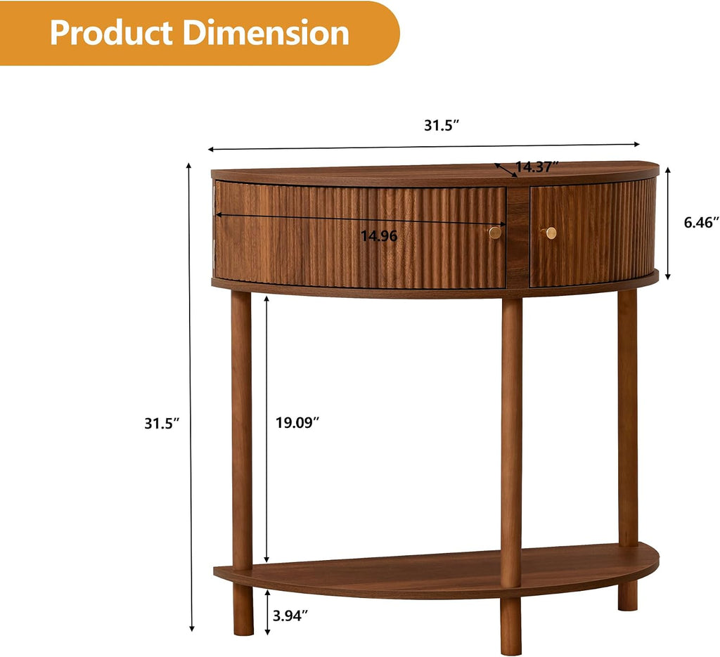 XUZENEST Fluted Half Moon Console Table, Modern Small Entry Sofa Table with Storage, Solid Wood Legs Narrow Entryway Table for Living Room, Hallway, Foyer(Walnut)