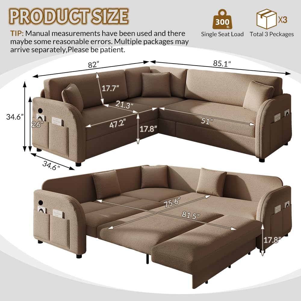 Queen Size Sleeper Sofas Convertible Couches, L Shaped Sectional Couch with Pull Out Bed, Upholstered 5-Seat Modular Sectional Sofa with Convert Left/Right Facing and USB Port for Living Room