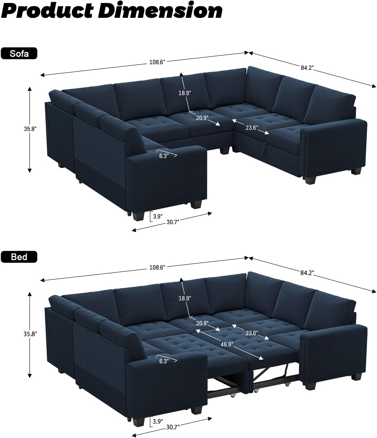 Belffin Modular Sectional Sleeper Sofa with Pull Out Couch Bed Oversized U Shaped Sectional Couches for Living Room Velvet Modular Sleeper Sofa Bed Blue