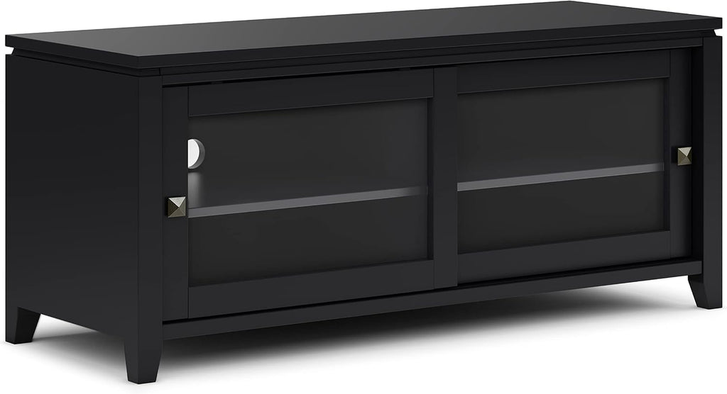 SIMPLIHOME Cosmopolitan TV Stand - 48 inch Wide Solid Wood Media Console in Black, Contemporary Entertainment Center for Living Room for TVs up to 55 Inches with Sliding Doors and Adjustable Shelves