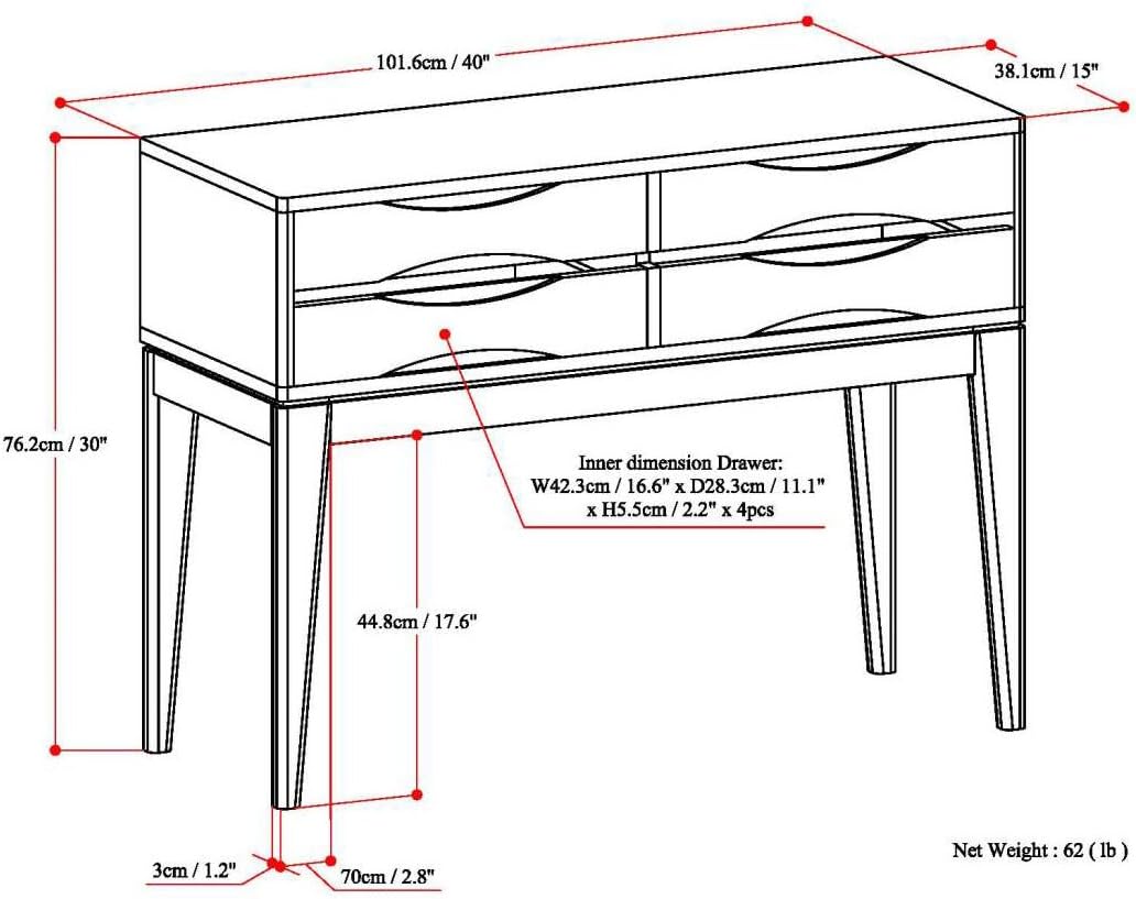 SIMPLIHOME Harper Console Table - 40 Inch Wide Solid Hardwood Sofa Table in Walnut Brown, Mid-Century Modern Storage Table for Entryway or Living Room with 4 Drawers, Notched Handles, and Tapered Legs