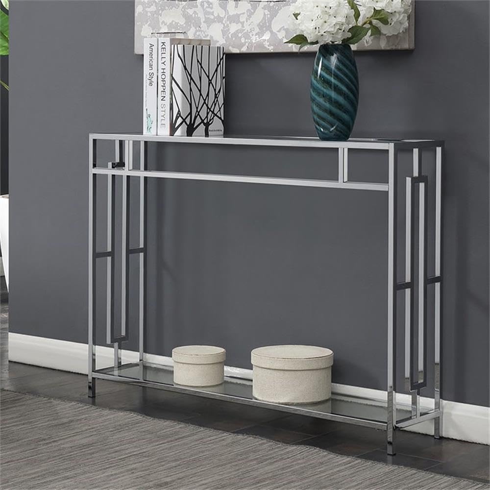 Convenience Concepts Town Square Chrome Console Table 42' - Contemporary Modern Sofa Table with Storage Shelf, Narrow Entryway Hall Table for Living Room, Bedroom, Bathroom, Glass/Chrome