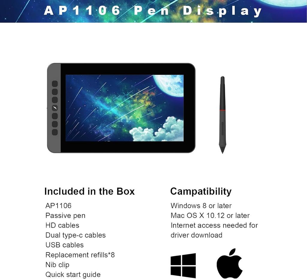11.6 Inch Drawing Tablet with Screen, Full-Laminated Anti-Glare Graphics Drawing Monitor, 127% sRGB, 8192 Pressure Stylus Pen, Compatible with Windows/Mac Major Design Software