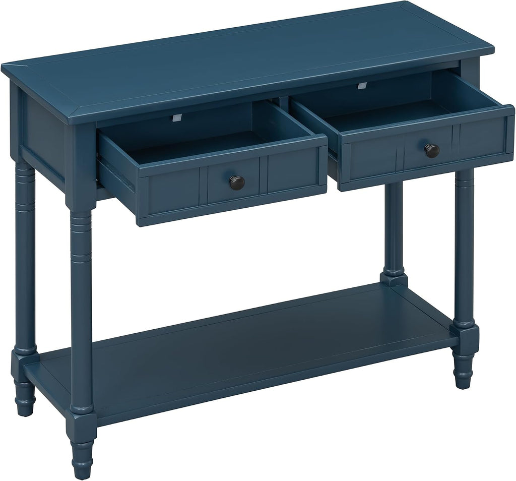 Knocbel Antique Entry Console Table with 2 Drawers & Bottom Open Shelf, Wood Sofa Tables for Entryway Hallway Living Room, 35.34' W x 13.8' D x 30.25' H, Dark Navy