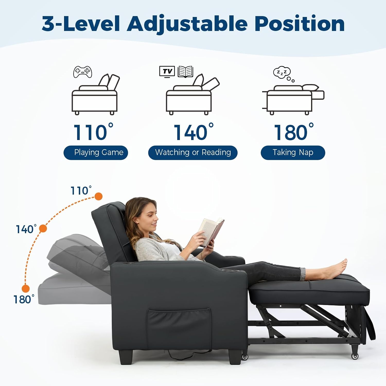 Sleeper Chair Pull Out Bed, 4 in 1 Convertible Sofa Chair Bed with Vibration Massage Lumbar Pillow, Single Sofa Recliner with USB/Type-C Port, Cup Holders and Side Pocket for Small Spaces (Black)