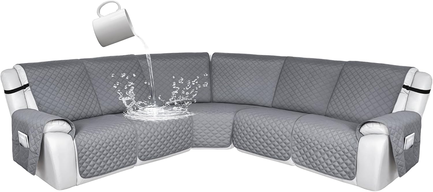 HDCAXKJ 100% Waterproof Reclining Sectional Couch Covers L Shape Recliner Sofa Cover Washable Quilted Soft Pet Dog Corner Recliner Slipcovers with Pockets (XL 5 Seat Recliner Couch, Silver Gray)