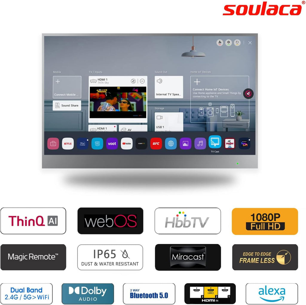 Soulaca 22 (21.5) inches Smart Mirror webOS TV in Bathroom Shower Waterproof IP65 HDTV ATSC DTV Tuner Wi-Fi & Bluetooth with Voice Control