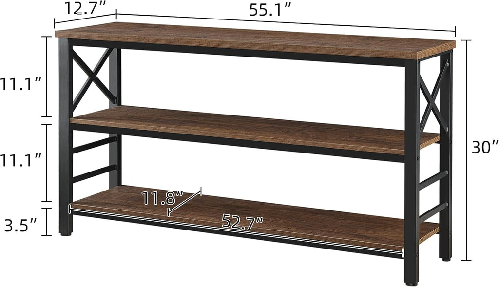 HOMBAZAAR Sofa Table,Industrial Console Table with Storage,Entryway Table with Engineered Wood and Metal,Rustic 3 Tier Shelf for Living Room,Hallway,Brown,55 Inch