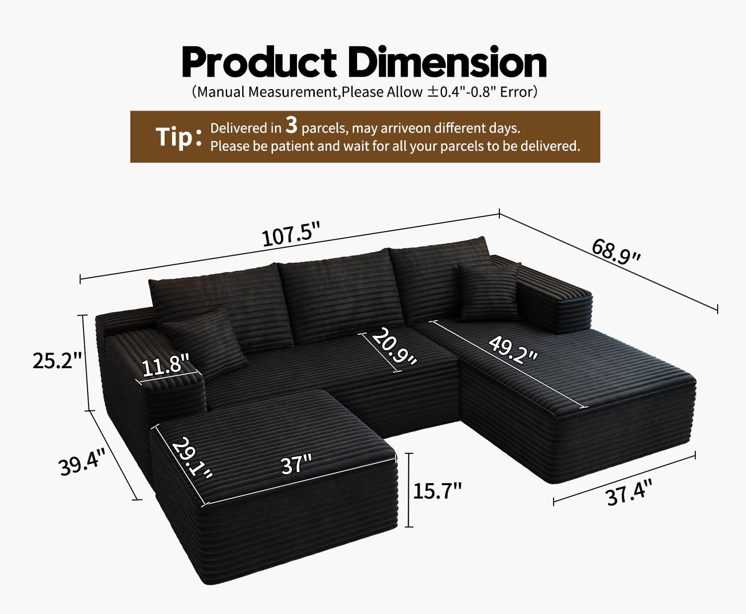 107.5' Cloud Modular Sectional Sofa with 1 Ottoman,Modern Minimalist Upholstered Couches, Comfort U Shaped Sofa for Living Room,Deep Seat Corner Couch，No Assembly Required (Black,Right Facing Chaise)