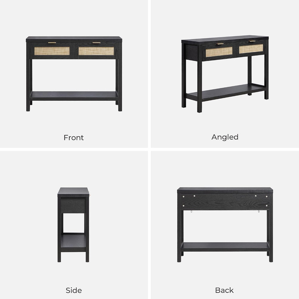 SICOTAS Black Console Table Set of 2 - Boho Entryway Table with Rattan Drawers, 2 Tier Shelf, Narrow Long Sofa Tables for Living Room, Entry Table for Hallway, Foyer
