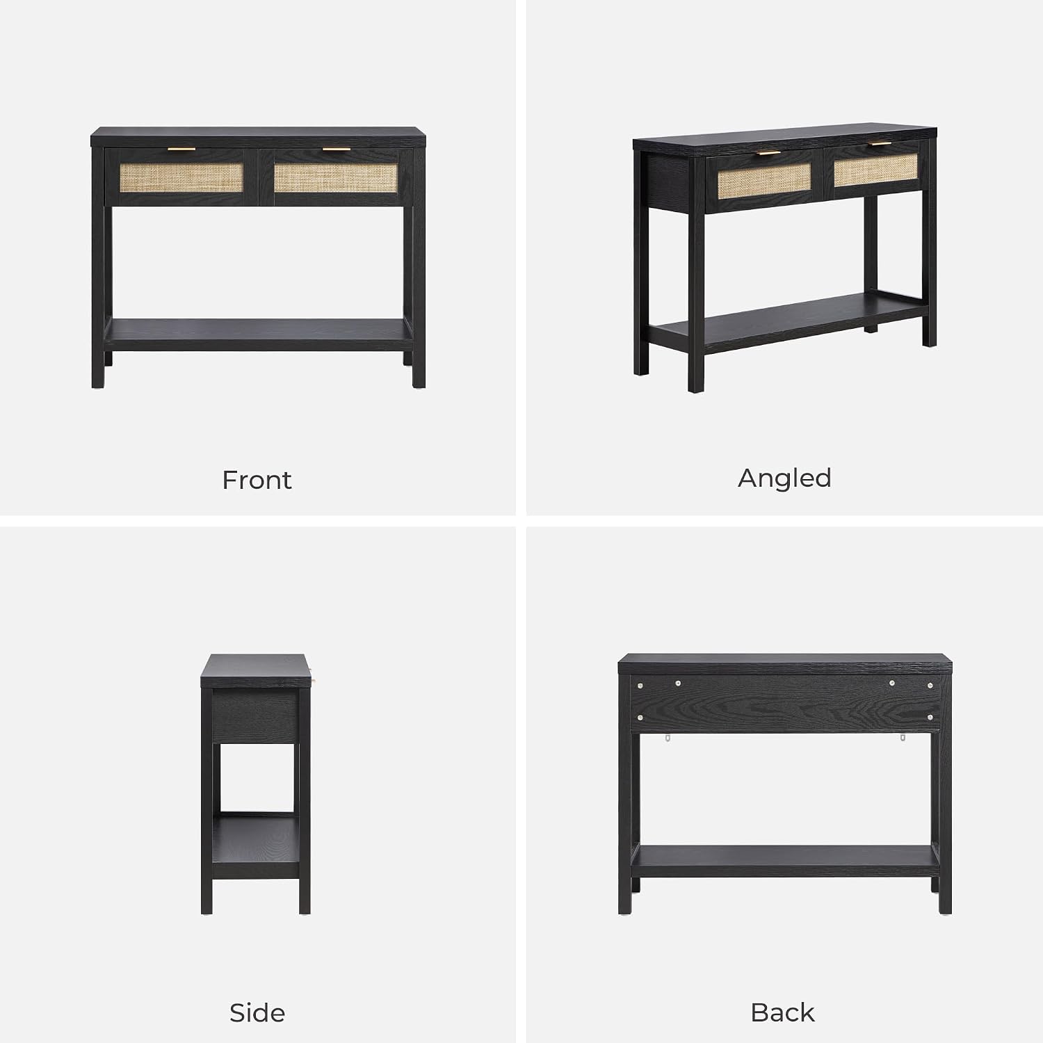 SICOTAS Black Console Table Set of 2 - Boho Entryway Table with Rattan Drawers, 2 Tier Shelf, Narrow Long Sofa Tables for Living Room, Entry Table for Hallway, Foyer