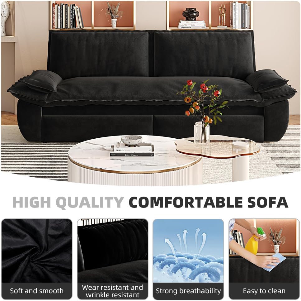 73.2' Sleeper Sofa Bed Queen, 3-in-1 Convertible Couch, Modern Pull Out Couches, Comfy Velvet Futon Sofa, Cloud Loveseat Lounge, Pillow Arm, for Small Spaces, Apartment, Living Room, Black