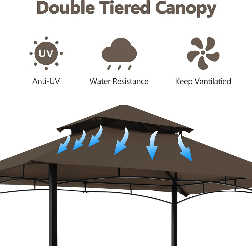 8x5 Grill Gazebo, Outdoor BBQ Grill Patio Canopy with 2 Handy Shelves & LED Lights, Double Roof Barbecue Gazebo Canopy (Brown)