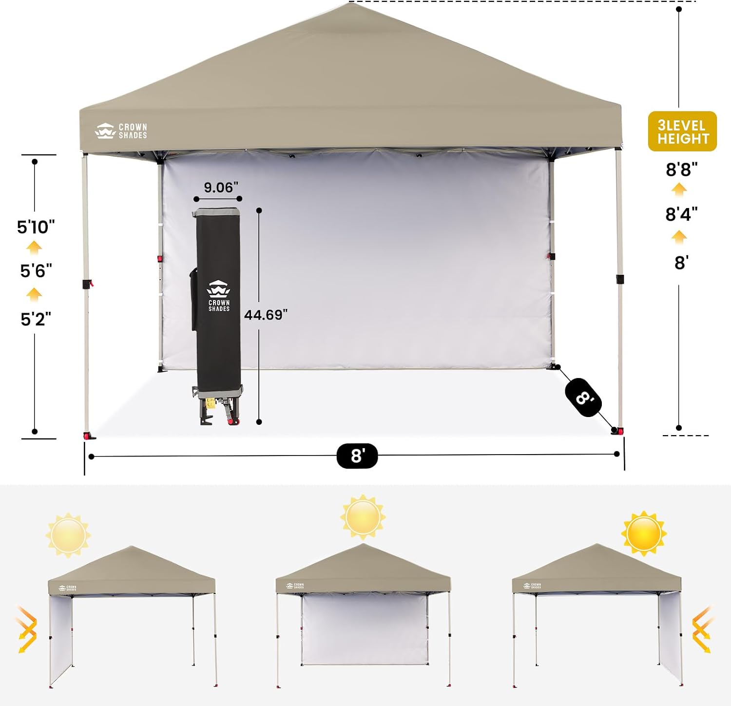 CROWN SHADES Pop Up Canopy with 1 Side Wall - Beach Tent with One Push Setup - Outdoor Sun Shade for Events, Parties, Camping - Gazebo with STO-N-Go Cover Bag, Beige, 8x8FT