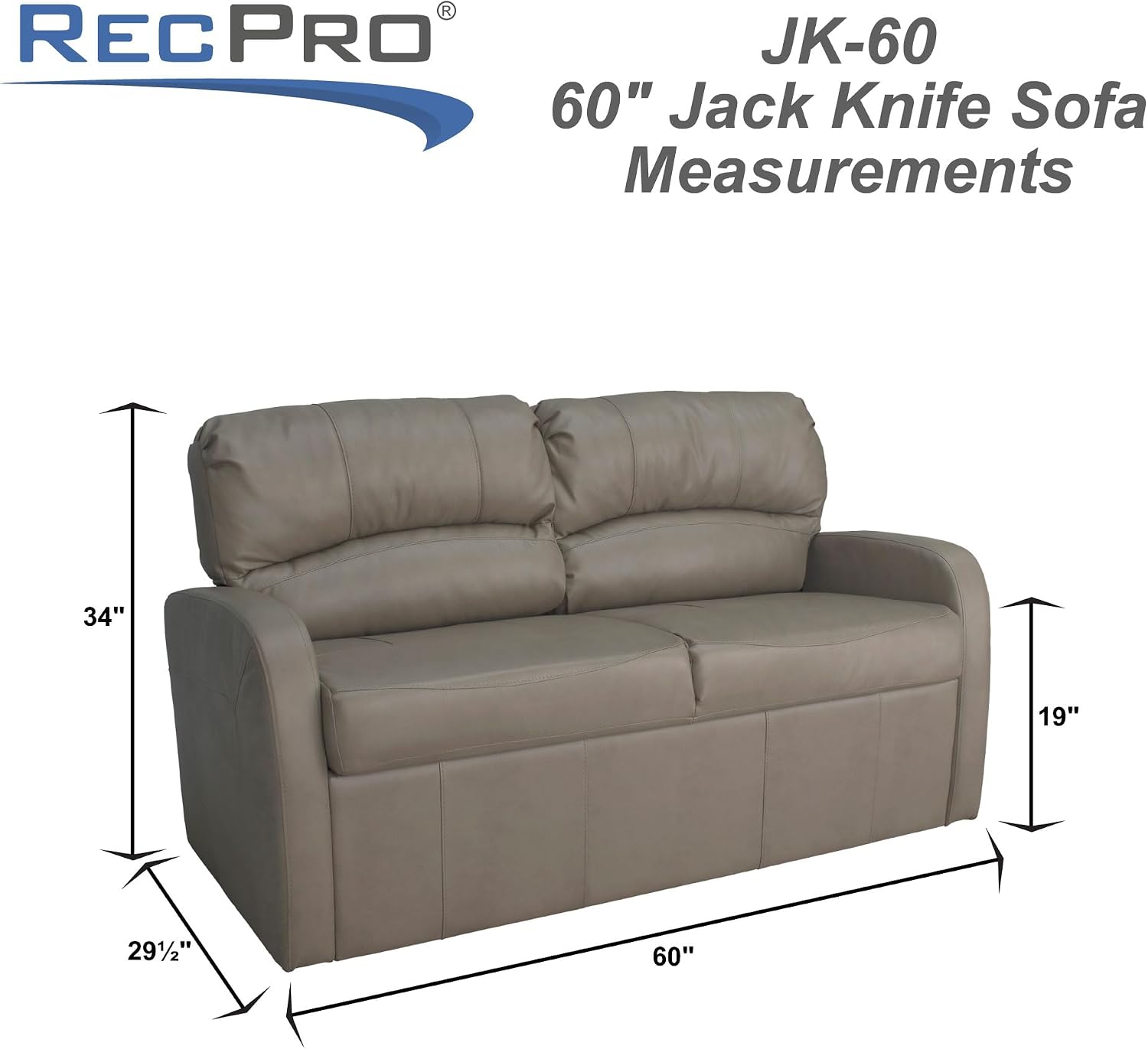 RecPro Charles Collection 60' RV Jack Knife Sofa w/Arms | RV Sleeper Sofa | Gunmetal