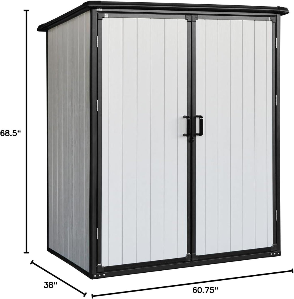 5x3 Resin Outdoor Storage Shed with Floor, Vertical Plastic Storage Cabinet with Lockable Doors, All-Weather Garden Tool Shed for Bikes and Patio Furniture (White)