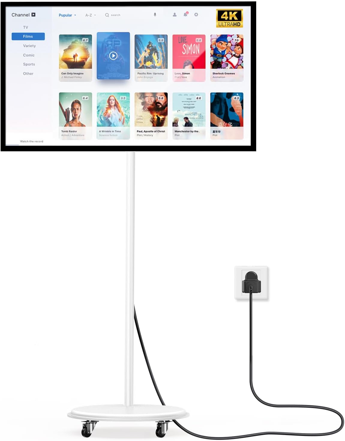 43 Inch Portable TV Smart Touch, 4K Rotatable TV LCD Display with Wires plugged in use, Android OS, Touch Screen, Type-C, USB, HDMI Port, on Wheels