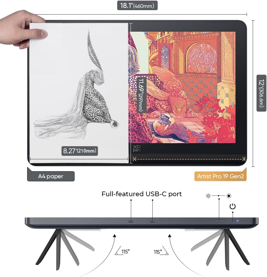 XPPen 4K UHD Artist Pro 19 Gen2 Drawing Tablet with Screen, 156% sRGB Graphic Tablet with 1.07 Billion Colors Anti-Glare Drawing Monitor with Dual 16384 Pen Pressure Stylus, Mini Keydial, 18.4'