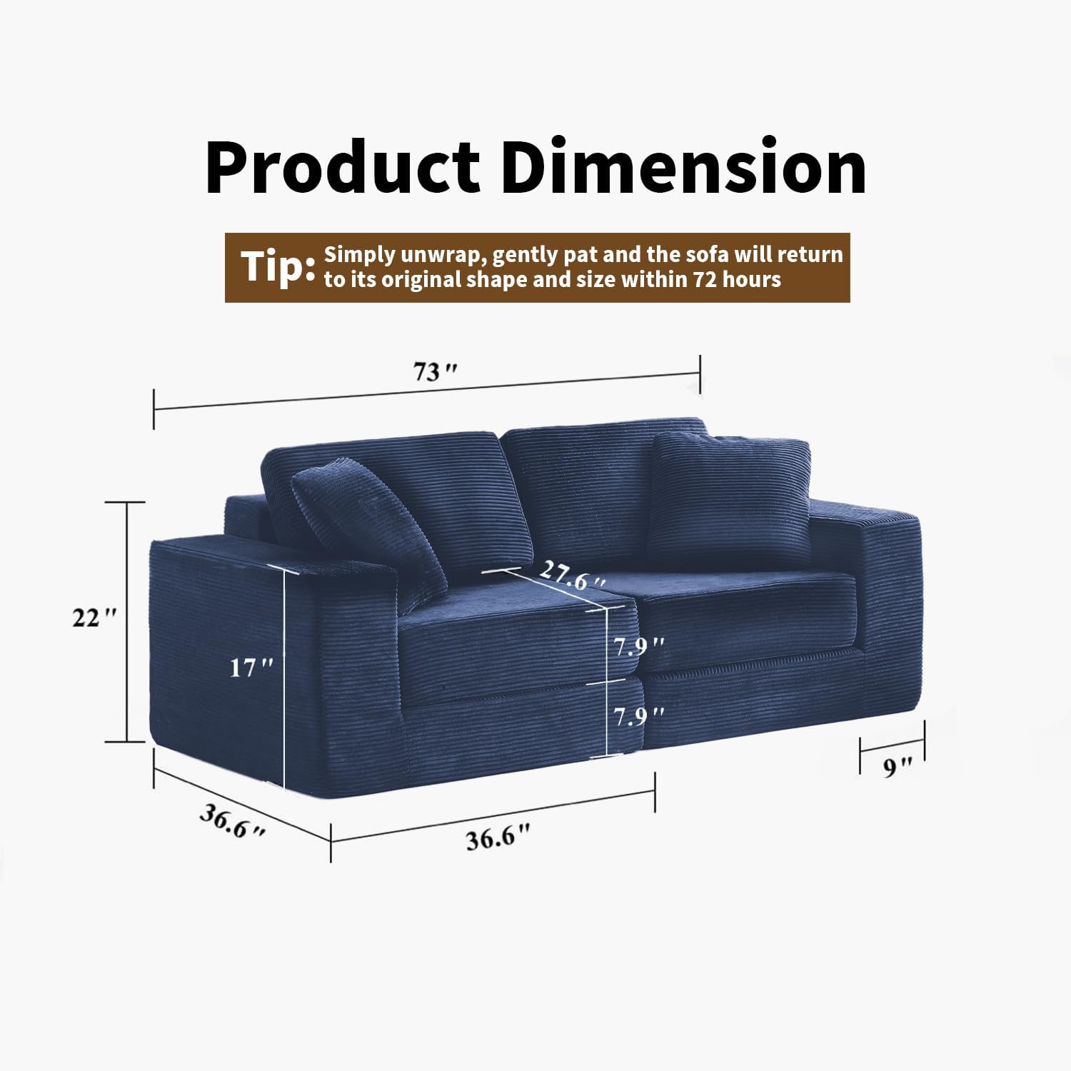 FILUXE Modular Sectional Sofa, Modern Modular Sofa Couch with Deep Seat，Comfy Cloud Couch, Sectional Couches for Living Room, Bedroom and Apartment，2-Seater，Navy Blue