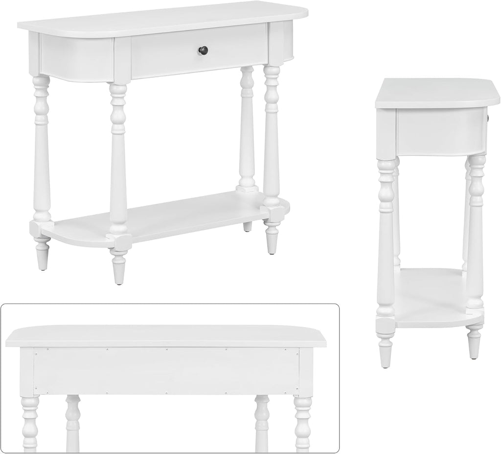 Small Curved Console Table 36-Inch Retro Farmhouse Wood Entry Sofa Table with Drawer & Storage Shelf for Living Room Hallway Entryway Furniture, White