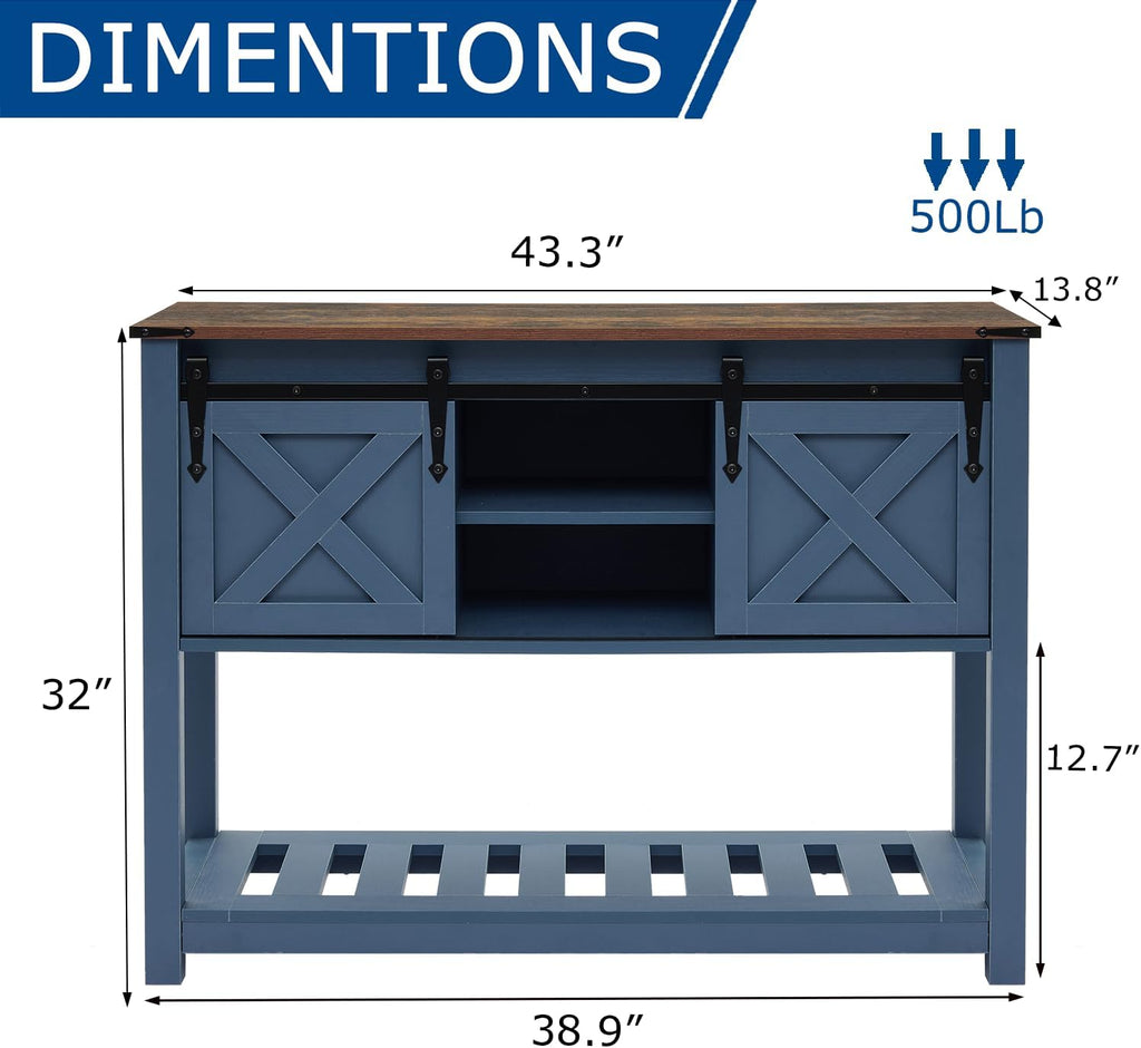 Blue Farmhouse Entryway Table, Rustic Hallway Table with Storage Shelf, Sofa Table with Sliding Barn Doors for Hallway, Entryway, Living Room, Foyer