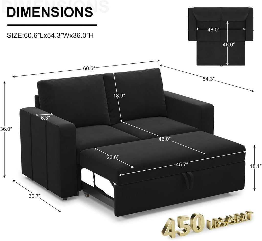 Belffin Modular Sectional Sleeper Sofa with Pull Out Couch Bed Velvet Fabric Loveseat Sleeper Sectional Couch for Living Room Apartment Black