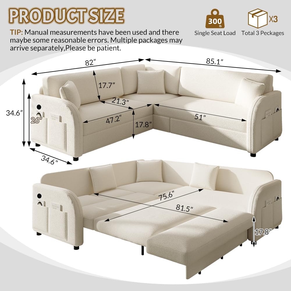 85.1'' Pull Out Couch Bed King Size, Convertible Sleeper Sofa, Upholstered 4-Seater L-Shaped Couch with Side Pockets, USB, 3 Pillows, Teddy Sectional Couches for Living Room, Apartment, Beige