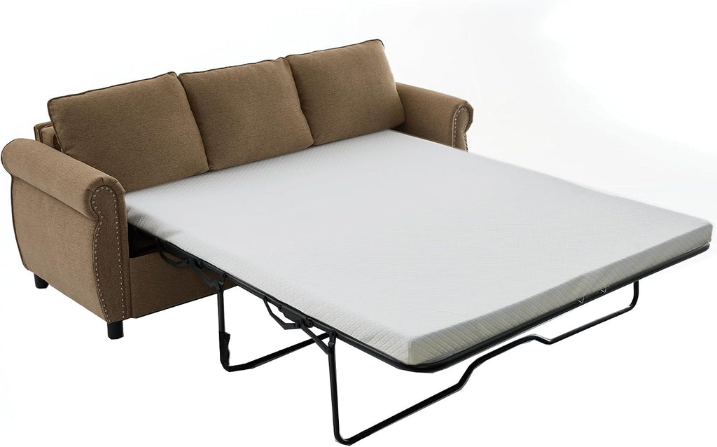 81.5'' Pull Out Couch Queen Size, Convertible Sleeper Sofa Bed, Upholstered Linen 3-Seater Sofa with Pull Out Bed, Mattress, Rivet, Deep Couches for Living Room, Apartment, Brown