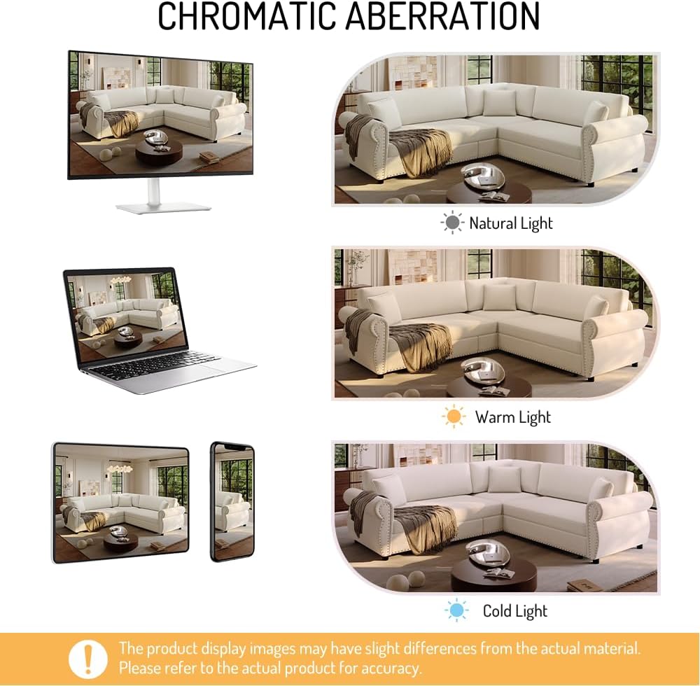 88.2'' Pull Out Couch Bed King, L Shaped Convertible Sleeper Sofa, 4-seater Couches with Rivet Armrests, 3 Pillows, Chenille Upholstery, Futon Sofa Bed for Living Room, Apartment, Office, Beige