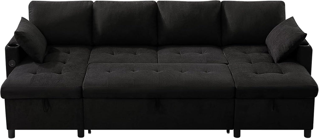 110' Fabric Pull-Out Couch Bed w/Adjustable Backrests, Sectional Sleeper Sofa w/USB Ports & 2 Cup Holders, Upholstered U-Shaped Couch w/Storage Chaise for Living Room, House, Black