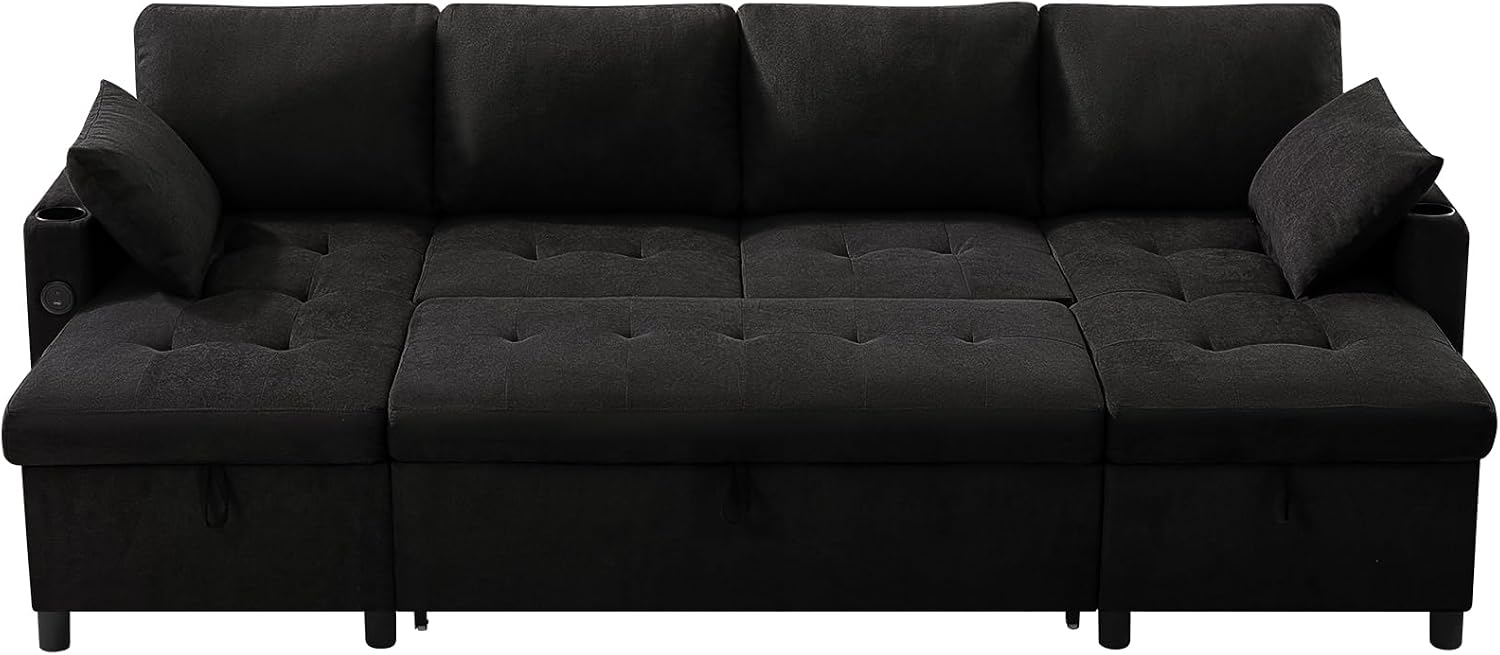 110' Fabric Pull-Out Couch Bed w/Adjustable Backrests, Sectional Sleeper Sofa w/USB Ports & 2 Cup Holders, Upholstered U-Shaped Couch w/Storage Chaise for Living Room, House, Black