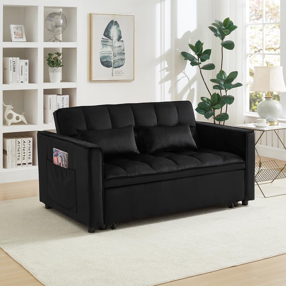 70' 3 in 1 Pull Out Couch, Loveseat Sleeper Sofa with Side Pockets, Convertible Velvet Fabric Sofa Bed for Living Room, Bedroom, Apartment, Easy Assembly, Black