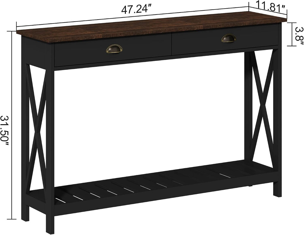 ChooChoo 47' Farmhouse Console Table with Drawer for Entryway, Narrow Long Entry Table with Shelf for Living Room, Rustic Vintage Hallway Sofa Table with Stable X Supports, Black