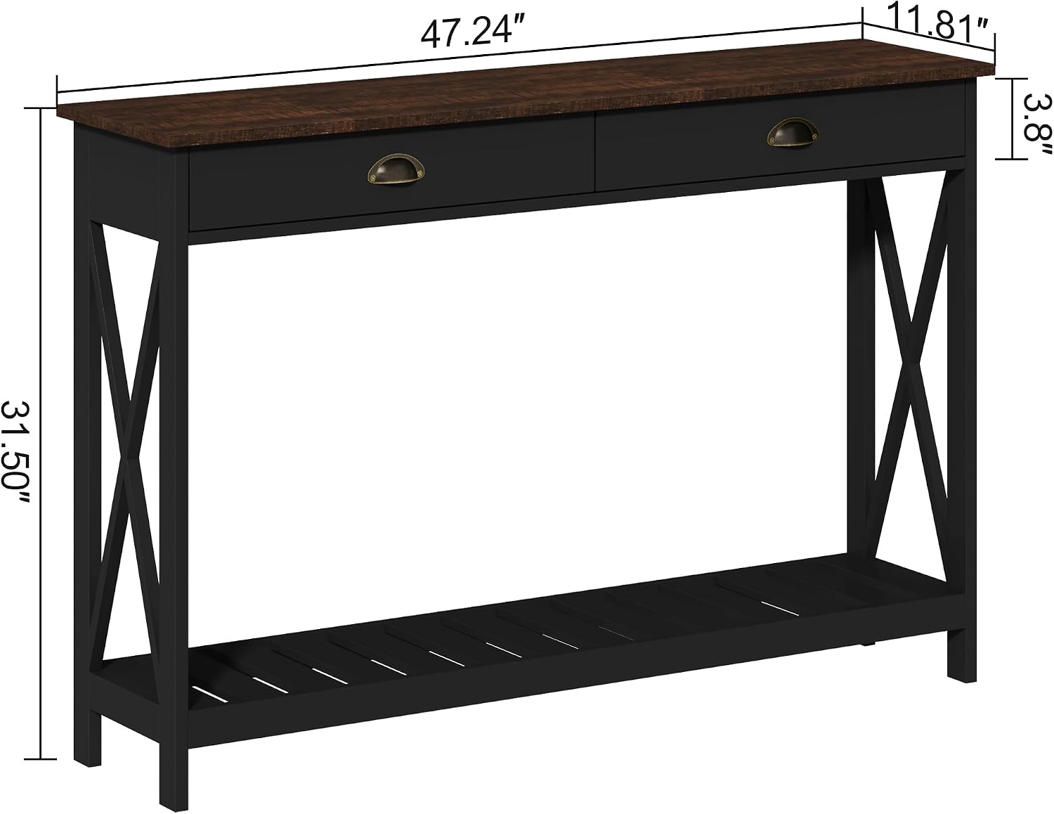 ChooChoo 47' Farmhouse Console Table with Drawer for Entryway, Narrow Long Entry Table with Shelf for Living Room, Rustic Vintage Hallway Sofa Table with Stable X Supports, Black