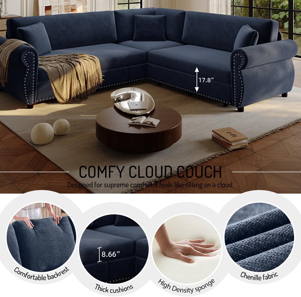 88.2'' Pull Out Couch Bed King, L Shaped Convertible Sleeper Sofa, 4-Seater Couches with Rivet Armrests, 3 Pillows, Chenille Upholstery, Futon Sofa Bed for Living Room, Apartment, Office, Blue