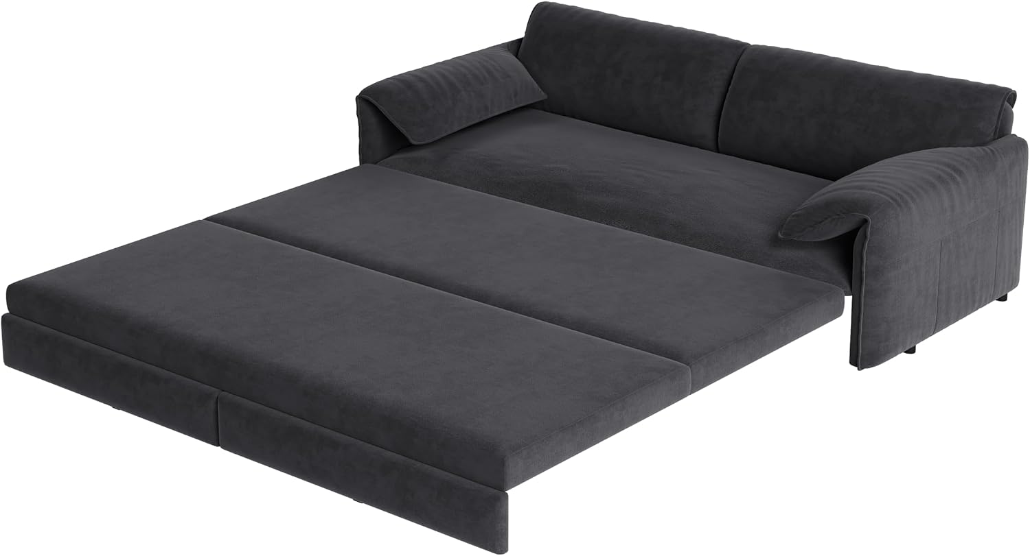 66' Sleeper Sofa Bed Queen Size, 3-in-1 Convertible Couch, Modern Pull Out Couches, Comfy Velvet Futon Sofa, Cloud Loveseat Lounge, Pillow Arm, for Small Spaces, Living Room, Apartment, Grey
