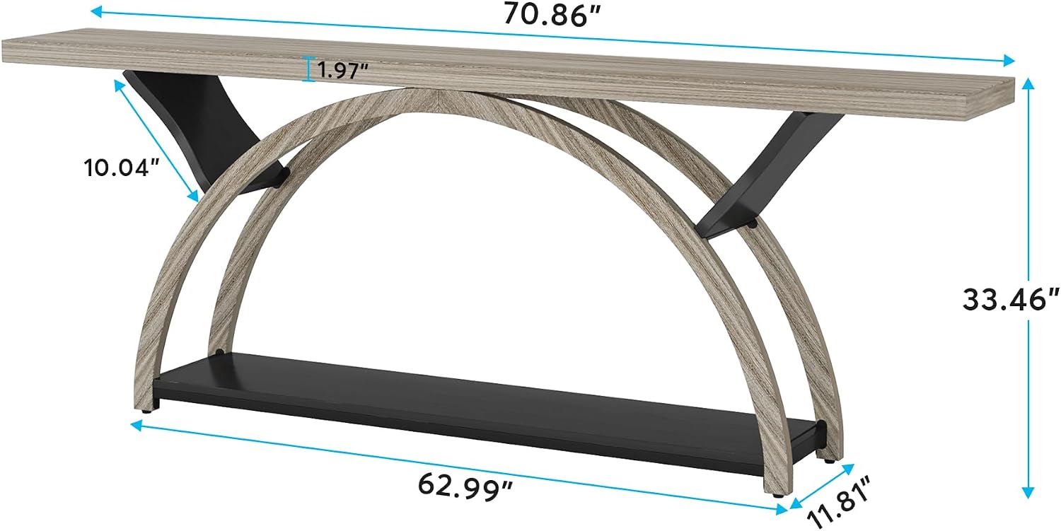 Tribesigns 70.87' Console Table with Storage Shelf, Narrow Long Sofa Table Behind Couch Table, 2-Tier Rustic Entryway Table with Half Moon Frame for Hallway Living Room, Gray & Black (Gray & Black)