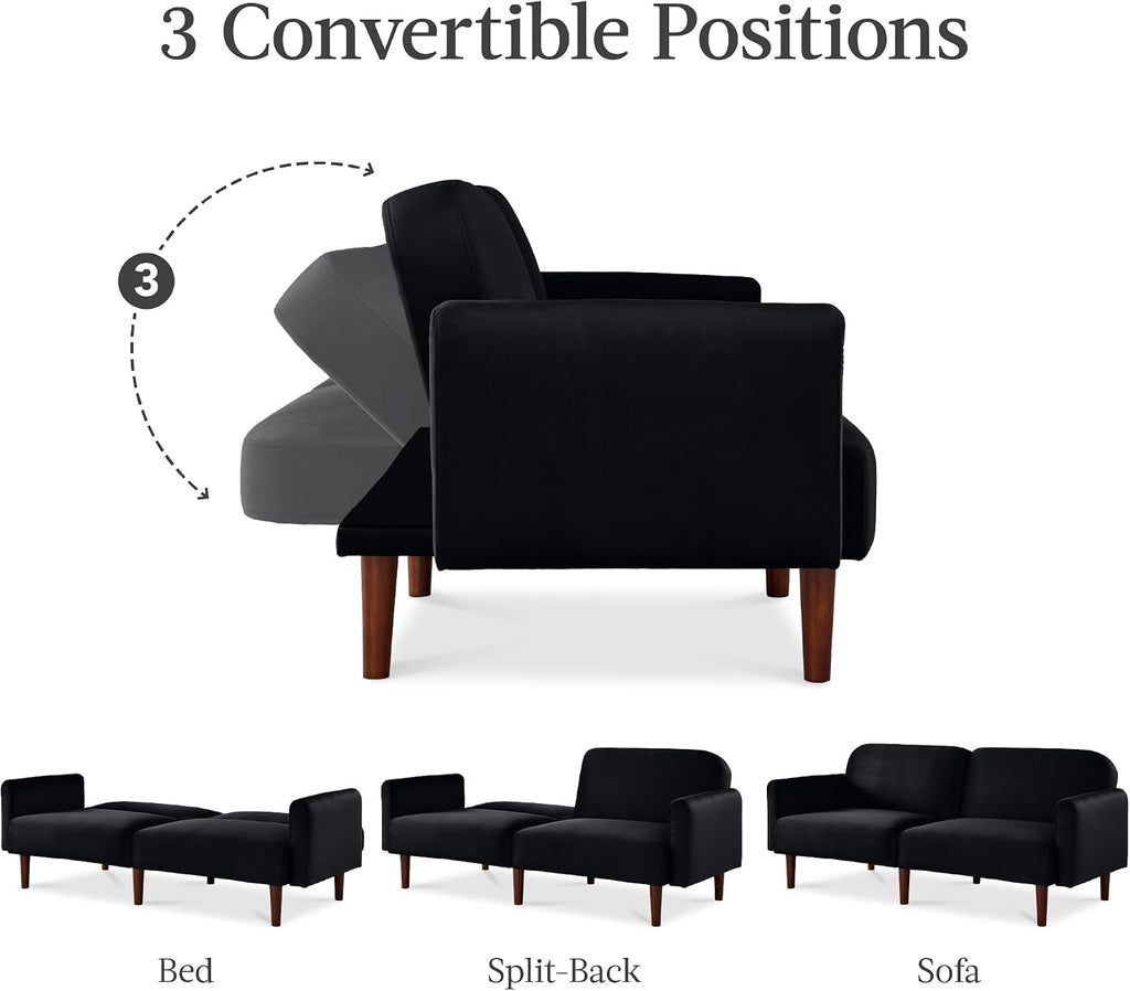 Best Choice Products 77' Mid Century Modern Velvet Loveseat Sofa, Couch, Convertible Sofa Sleeper Bed w/Real Wood, Removable Armrest - Onyx Black