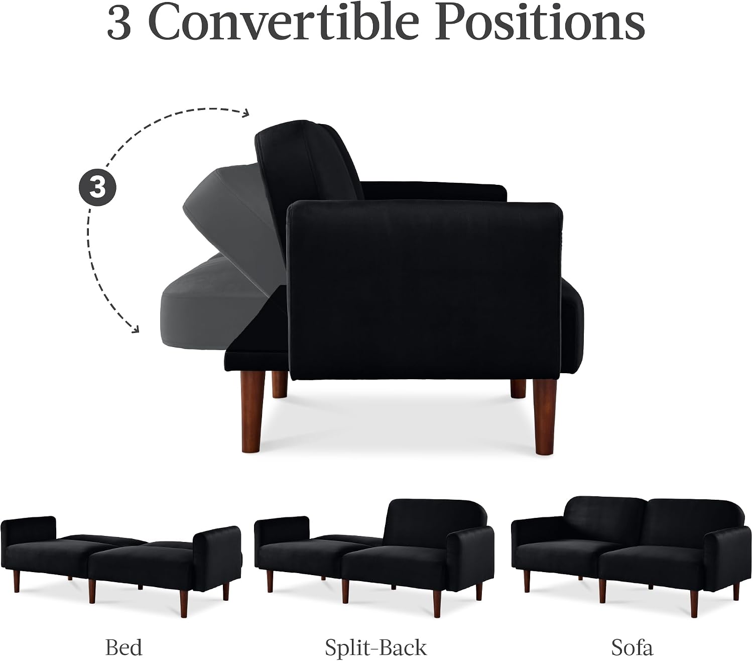 Best Choice Products 77' Mid Century Modern Velvet Loveseat Sofa, Couch, Convertible Sofa Sleeper Bed w/Real Wood, Removable Armrest - Onyx Black