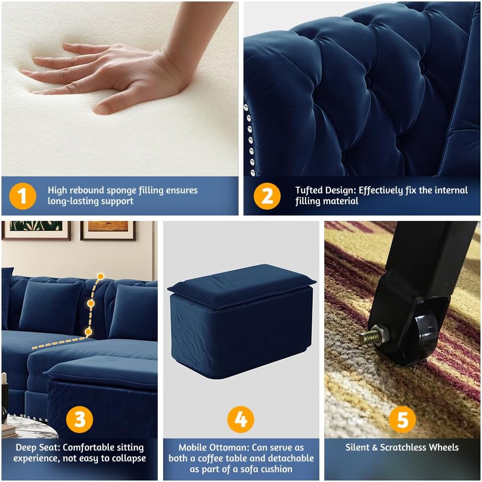 89'' Pull Out Sofa Bed King, Chesterfield Velvet Sleeper Sofa, Convertible L-Shaped Futon Couch, Tufted Back, 4 Pillows, Ottoman, Deep Seat Loveseat Couches for Living Room, Apartment, Blue