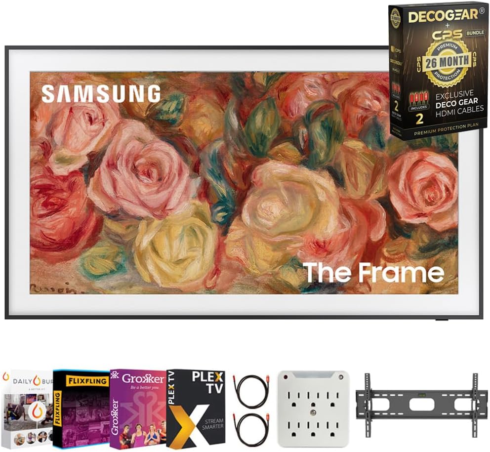 Samsung QN43LS03DA 43' The Frame QLED 4K Smart TV 2024 Bundle w/Movie Streaming + Slim Fit Wall Mount + Surge Adapter + Deco Gear HDMI Cable x2 & CPS Exclusive 26 Month Protection (BEACH-CPS-261000)